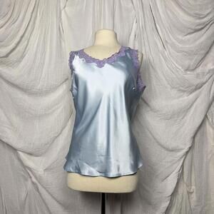 Preppy Coquette Large Blue Satin Lace Trim Tank Top (L)